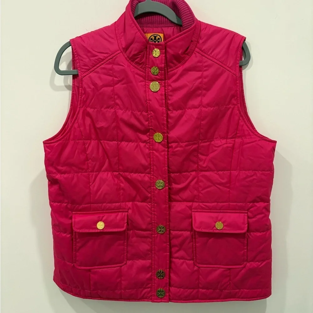 TORY BURCH Pink Quilted Puffer Sleeveless Jacket Vest  Gold LOGO Snap Buttons XL